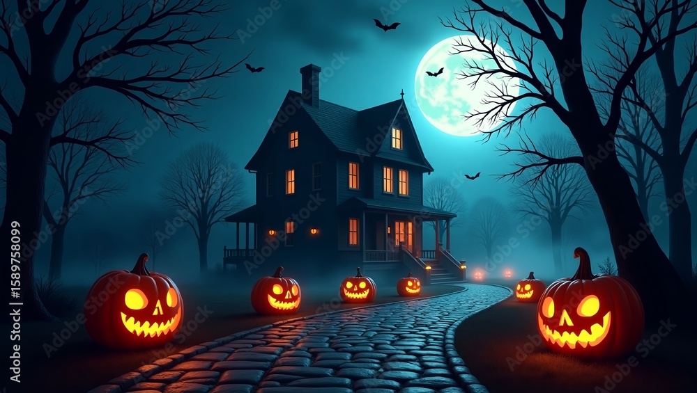 Fototapeta premium Halloween Night with Jack-o’-Lantern Path Leading to Haunted House