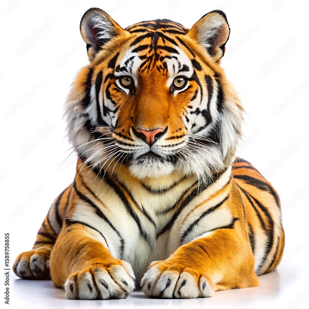 Fototapeta premium A beautiful bengal tiger is lying down isolated on white background
