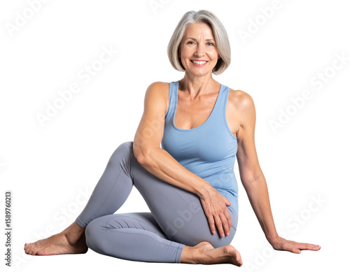 Middle-Aged Woman in Seated Twist Pose PNG – Mindful Stretching with Gentle Smile