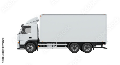 A transparent commercial delivery truck, generic standard model, boxy cargo area and distinct cab, perfectly clean and brand new, side profile view on a seamless transparent studio background with