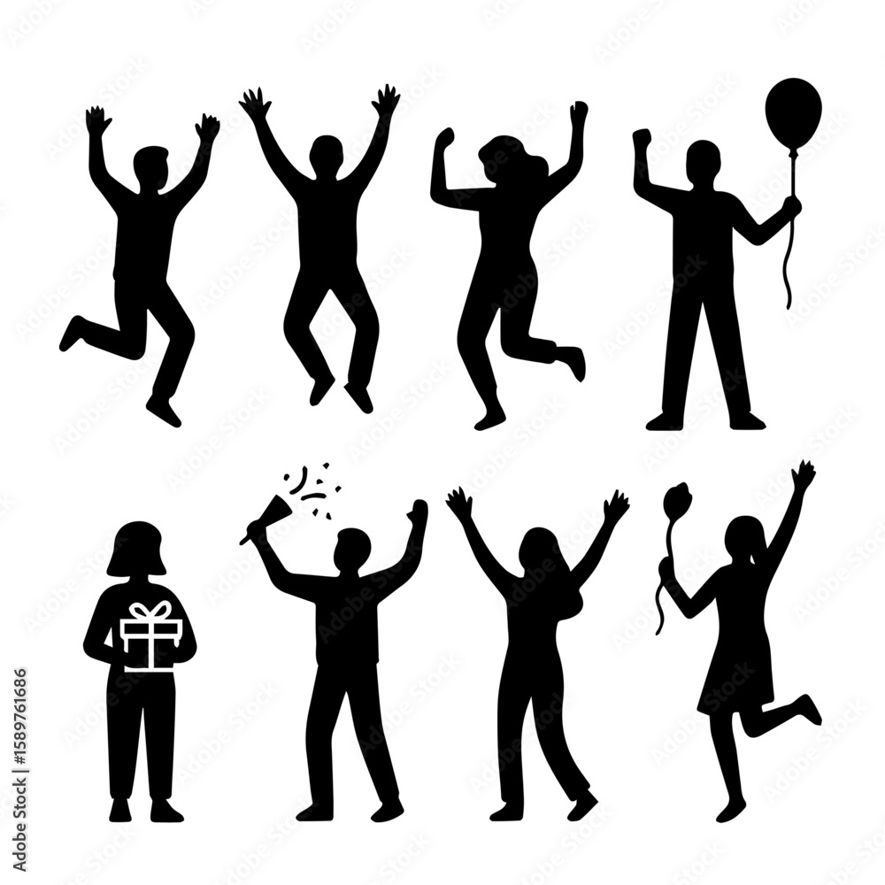 Fototapeta premium Black Silhouette Vector Set of Celebrating People, Jumping, Dancing, Cheering, and Holding Balloons or Gifts , Ai , Eps, PNG, JPG 