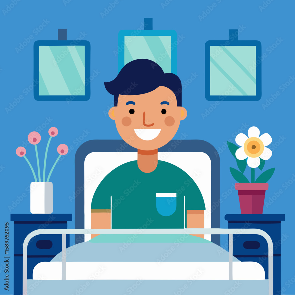 Obraz premium Young man sitting in hospital bed smiling with flowers around 