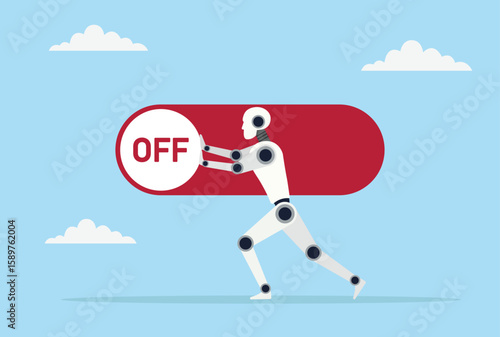 Vector illustration of a robot attempting to turn a switch from ON to OFF, symbolizing automation, artificial intelligence, control systems, and technological decision making
