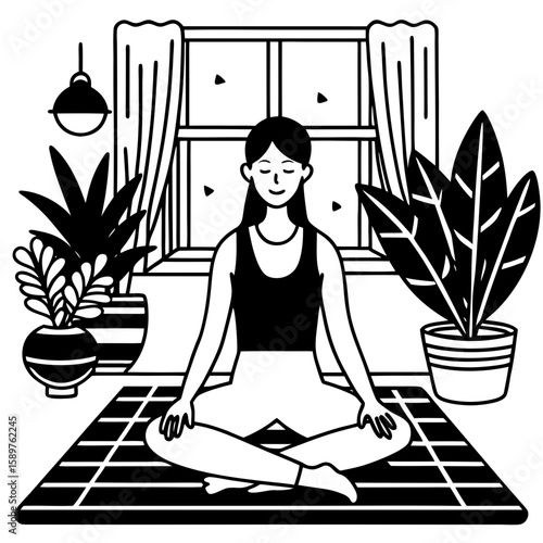 Woman meditating peacefully at home, for wellness websites