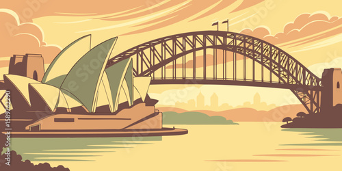 Aerial view of Sydney at sunrise captures the Opera House and Harbour Bridge reflecting golden sunlight over the bay, modern flat illustration style