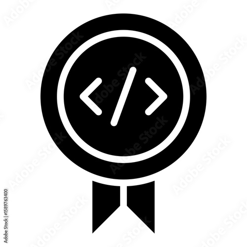 Code Badge Glyph Black Silhouette Icon Vector Design - medal or badge with code tag in the center, representing coding achievement or certification