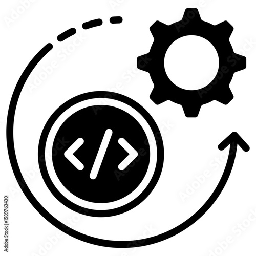 Code Iteration Glyph Black Silhouette Icon Vector Design - Circular arrow with code and gear, representing iteration in software development or version updates