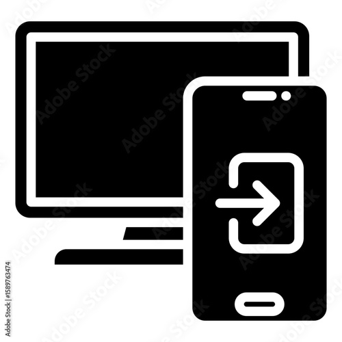 Cross Device Glyph Black Silhouette Icon Vector Design - Monitor and smartphone with arrow, symbolizing responsive or cross-platform compatibility