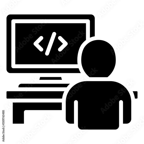 Developer Work Glyph Black Silhouette Icon Vector Design - Person working in front of a monitor with code on screen, symbolizing a software developer at work