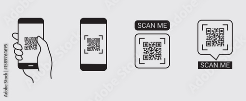 
Mobile Phone Scanning QR Code – Hand Holding Smartphone with QR Code Icon – Vector Illustration of Digital Scan Technology
