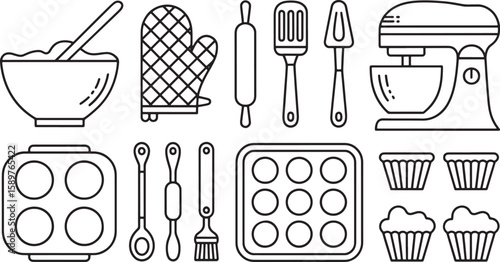 Baking Utensils Line Art Vector Set Featuring Mixing Bowl, Oven Mitt, Rolling Pin, Spatula, Mixer, and Muffin Tin