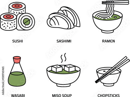 Japanese food icons sushi sashimi ramen wasabi miso soup and chopsticks