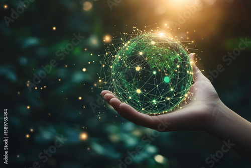 hand holding a glowing green globe symbolizing sustainability and environmental protection. Copy space, banner.
