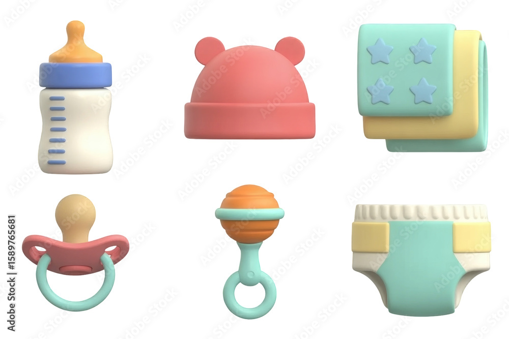 Colorful baby essentials set with bottle, pacifier, hat and diaper for nursery and play area Colorful baby essentials set with bottle, pacifier, hat and diaper for nursery and play area