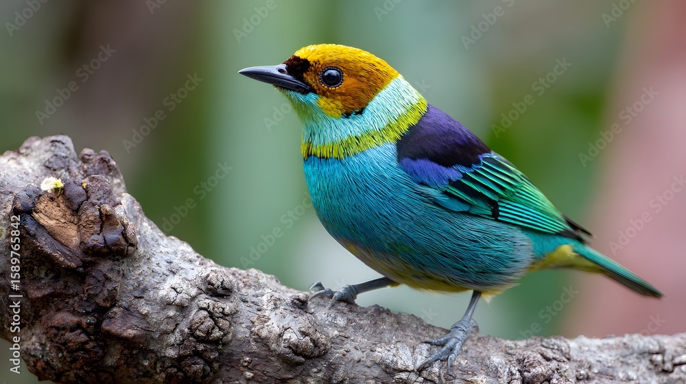 Obraz premium Golden hooded tanager bird perched on branch colorful plumage nature photography avian wildlife photo