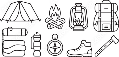 Camping and Outdoor Adventure Line Art Vector Set for Wilderness Exploration and Recreational Activities