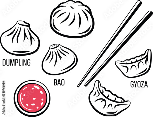 Assortment of delicious asian dumplings and bao with chopsticks