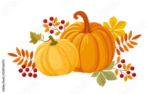 Colorful autumn pumpkins, berries and forest leaves clipart. Seasonal harvest design for greeting or poster.