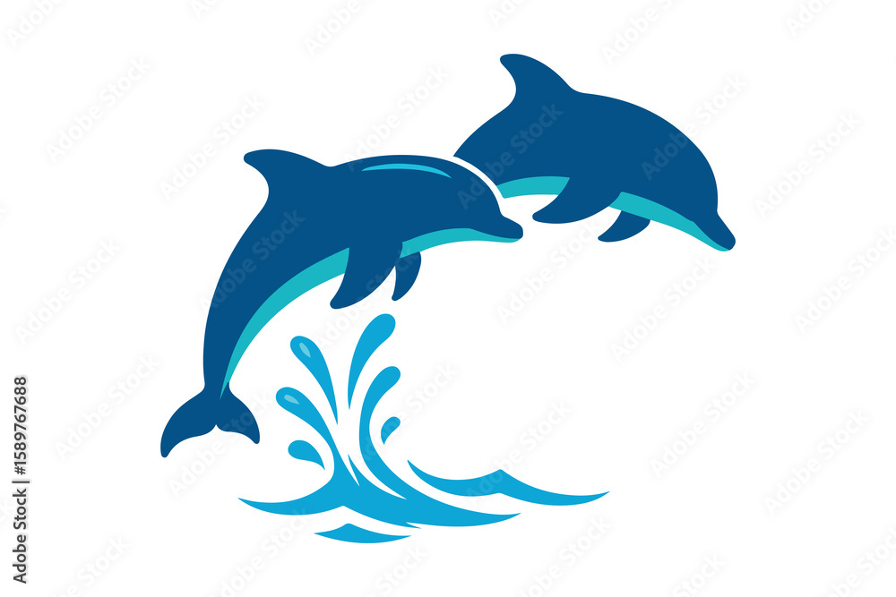 Fototapeta premium Two blue dolphins leaping joyfully through splashing ocean waves