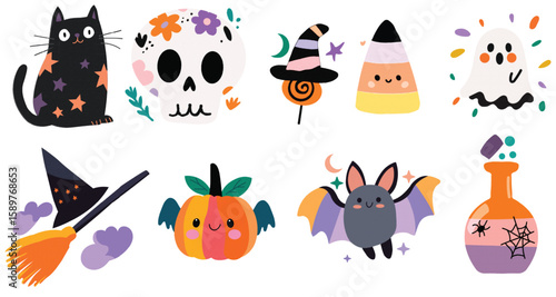 cute halloween cartoon clipart collection with black cat, pumpkin, candy, ghost, bat, witch hat, and potion bottle on white background for kids crafts, party decor, stickers, and seasonal prints