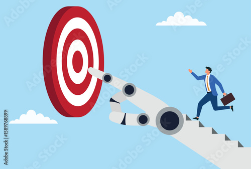 Vector illustration of a businessman running toward a target, followed by a robotic hand, representing ambition, AI assistance, goal achievement, and tech powered business growth

