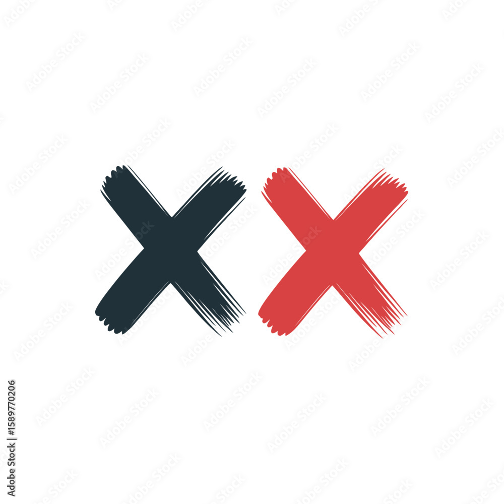 Fototapeta premium Two hand drawn brush stroke x marks one dark blue and one red isolated on white background