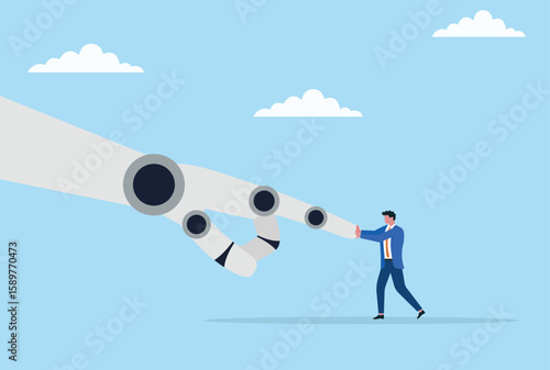Vector illustration of a businessman fighting against a giant robotic hand, symbolizing the struggle between human ambition and the rise of automation and artificial intelligence
