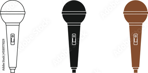 Three microphone icons are displayed in a row, showcasing a classic design in black, brown, and outline versions, perfect for music, karaoke, or podcasting projects.