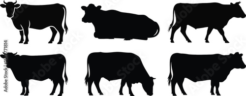 Cow silhouette vector collection, various poses of cattle for farm, agriculture, and animal design, black outline illustration