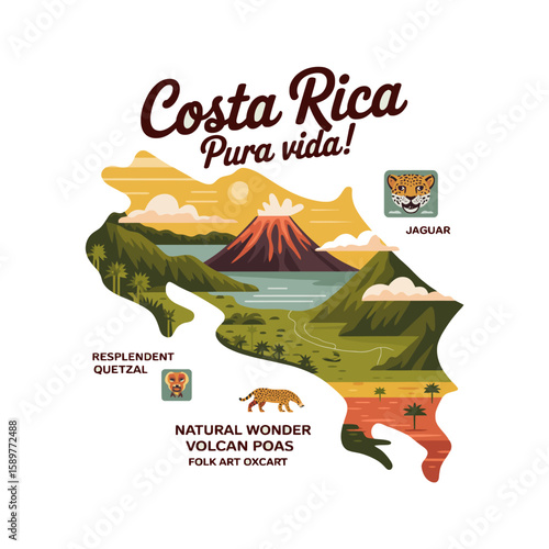 Costa rica pura vida map with wildlife and volcano isolated on white background