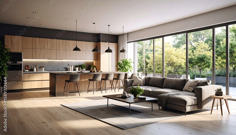 Fototapeta premium Modern open-plan kitchen and living area (2)