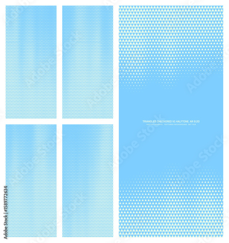 Assorted vector light blue checkered triangles grid halftone pattern set in vertical 9:20 aspect ratio including faded frame and various smooth blurred textures. Half tone graphic design elements