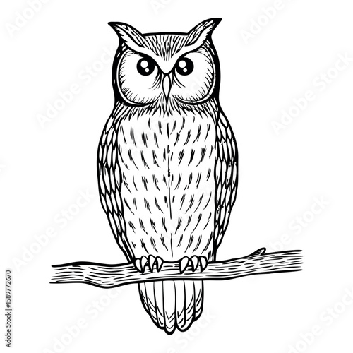 A detailed illustration of an owl perched on a branch. The owl has large eyes and intricate feather patterns, showcasing its distinctive features.