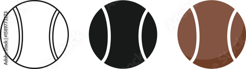 Three tennis ball icons showcase a progression from outline to solid black and finally a brown filled version, ideal for sports themes, graphic design, and athletic illustrations.