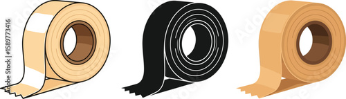 Three rolls of adhesive tape are displayed in different styles, including a colored version and a silhouette, perfect for illustrating office supplies or crafting materials.