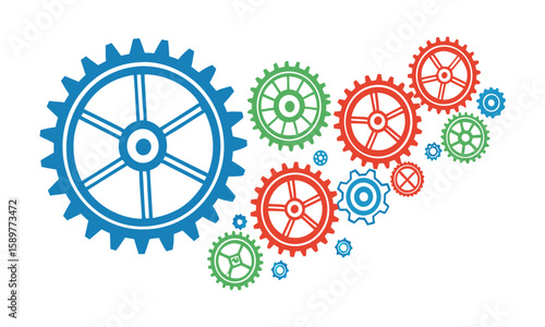 A cluster of interconnected cogwheels, rendered in a vibrant, flat style against a stark white background.