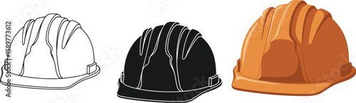 Three construction helmets showcase design evolution, from a simple outline to a solid black silhouette and a fully rendered orange hard hat, symbolizing safety and aspiration.