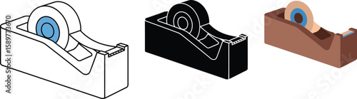 Three tape dispensers showcase office supplies in white outline, black silhouette, and brown color, ideal for illustrating stationery, organization, and adhesive solutions in design projects.