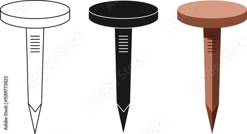 Three stylized nails are presented in a row, showcasing a line art version, a solid black silhouette, and a copper-colored rendering, ideal for construction or design projects.