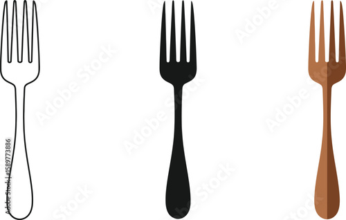 Three forks are displayed in a row, showcasing a line art version, a solid black silhouette, and a brown shaded illustration, perfect for culinary designs and food-related graphics.