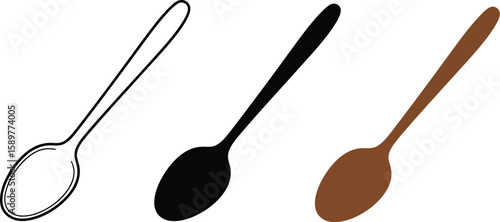 Three spoons are displayed in a row, each with a different style, one is an outline, one is a solid black silhouette, and the third is a solid brown silhouette.