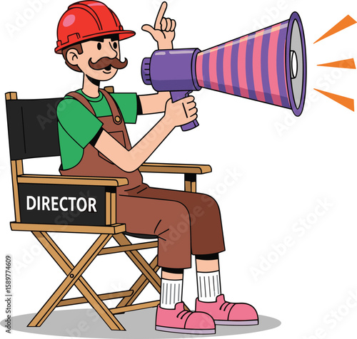 Cartoon film director character with megaphone, red hard hat, directing scene from movie set, sitting on chair, filmmaking, animation, entertainment