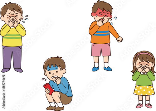 Children showing illness symptoms like sneezing, coughing, fever, flu, and discomfort, educational healthcare vector for pediatric sickness and awareness