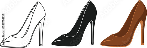 Elegant high heel shoe illustrations showcase fashion footwear in outline, solid black, and brown color variations, perfect for style guides, design elements, and creative projects.