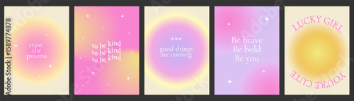 Aesthetic abstract gentle gradient background with ispiration and motivation quotes. Posters with blurred circle in y2k style.