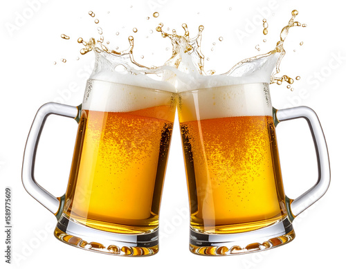  Modern Frosted Beer Glasses Clinking, Minimal Foam, Transparent PNG Cutout.