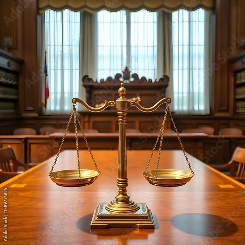 Golden Scales of Justice on Courtroom Table-AI Generated