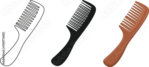 Three comb illustrations showcase hair care tools in line art, solid black, and brown cartoon styles, perfect for beauty, grooming, and personal care design projects.