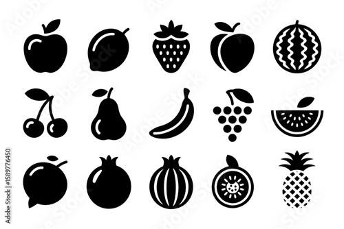 A collection of black and white fruit icons, including apple, strawberry, watermelon, banana and pomegranate.