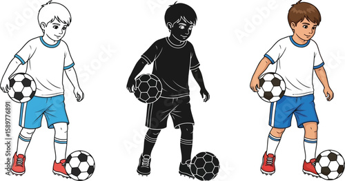 Three cartoon illustrations showcase a young boy soccer player in different styles, including line art, silhouette, and full color, dribbling with a soccer ball and wearing a sports uniform.